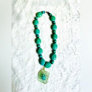 Turquoise green beads, turtle bead with sea glass amulet wrapped w silver wire